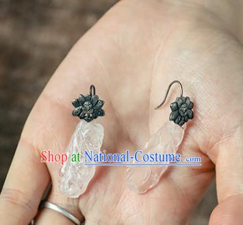 Handmade Chinese Traditional Silver Lotus Ear Jewelry Classical Cheongsam Earrings Accessories White Chalcedony Eardrop