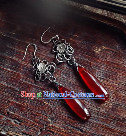 Handmade Chinese Traditional Silver Plum Ear Jewelry Classical Cheongsam Earrings Accessories Agate Eardrop