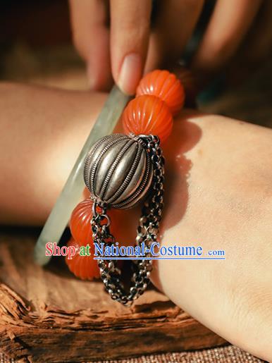 China Classical Agate Beads Wristlet Chain Bangle Jewelry Traditional Silver Pumpkin Bracelet Accessories