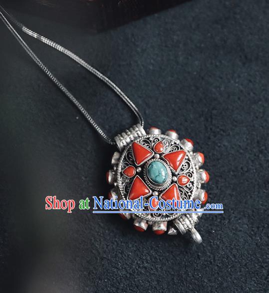 Chinese Classical Kallaite Jewelry National Silver Carving Necklace Handmade Ethnic Necklet Accessories