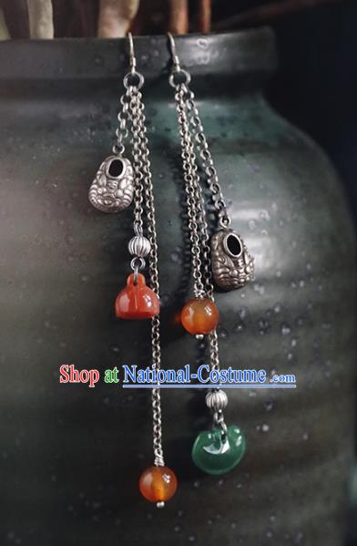 Handmade Chinese Traditional Agate Tassel Ear Jewelry Classical Cheongsam Earrings Accessories Silver Eardrop