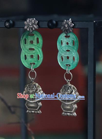 Handmade Chinese Wedding Jade Eardrop Classical Cheongsam Silver Earrings Accessories Traditional Ear Jewelry