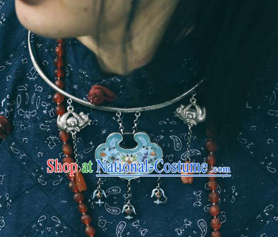 Chinese National Silver Carving Necklace Handmade Ethnic Enamel Lotus Necklet Accessories Classical Jewelry