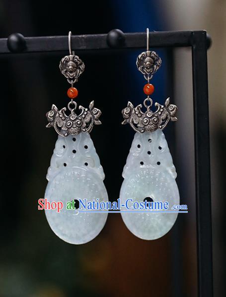 Handmade Chinese Traditional Silver Carving Bat Ear Jewelry Classical Cheongsam Earrings Accessories White Jade Eardrop