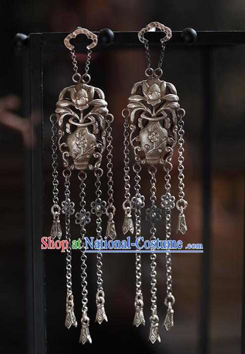 Handmade Chinese Traditional Tassel Ear Jewelry Classical Cheongsam Earrings Accessories Silver Flowers Vase Eardrop