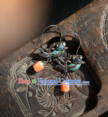 Handmade Chinese Traditional Blueing Fish Ear Jewelry Classical Cheongsam Earrings Accessories Agate Eardrop