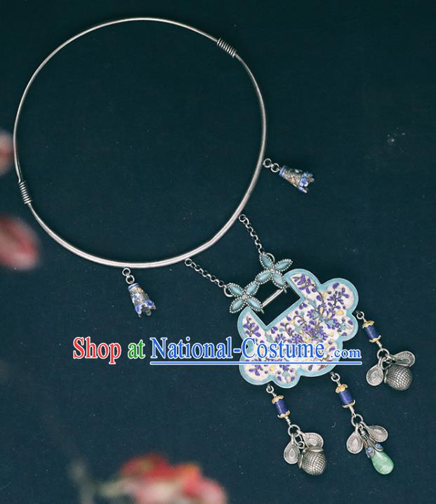 Chinese Classical Blueing Longevity Lock Jewelry National Silver Necklace Handmade Ethnic Necklet Accessories