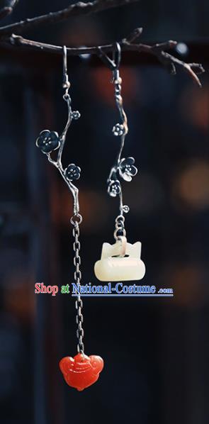 Handmade Chinese Classical Cheongsam Silver Plum Earrings Accessories Eardrop Traditional Jade Lock Ear Jewelry