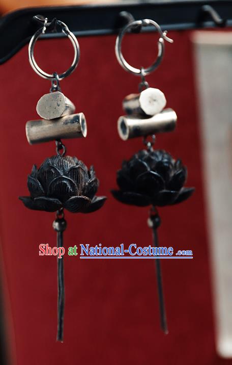 Handmade Chinese Classical Cheongsam Ebony Carving Lotus Earrings Accessories Traditional Ear Jewelry Silver Eardrop