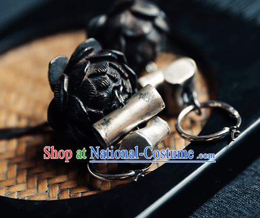 Handmade Chinese Classical Cheongsam Ebony Carving Lotus Earrings Accessories Traditional Ear Jewelry Silver Eardrop