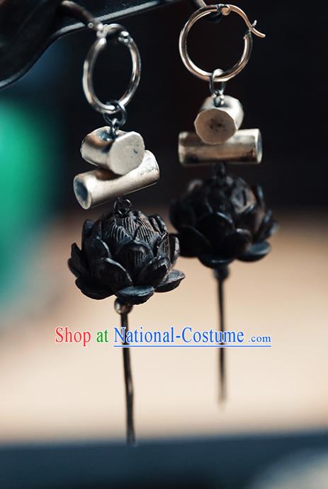 Handmade Chinese Classical Cheongsam Ebony Carving Lotus Earrings Accessories Traditional Ear Jewelry Silver Eardrop