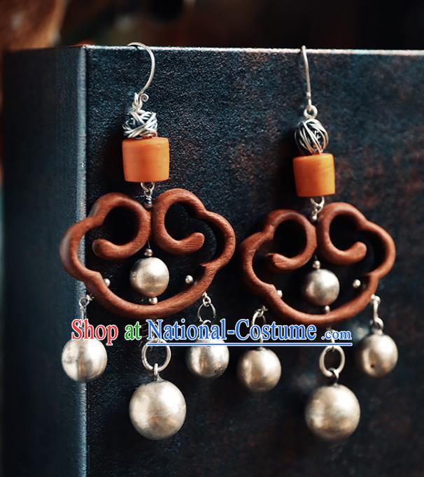 Handmade Chinese Wood Eardrop Accessories Traditional Ear Jewelry Classical Cheongsam Silver Bells Tassel Earrings