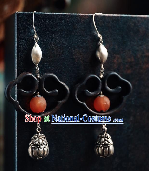 Handmade Chinese Ebony Eardrop Accessories Classical Cheongsam Silver Earrings Traditional Ear Jewelry