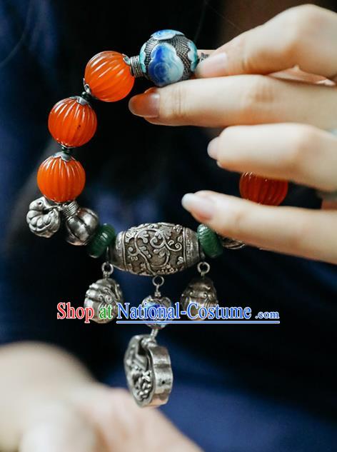 China Traditional Silver Bracelet Accessories Agate Beads Wristlet Classical Bangle Jewelry