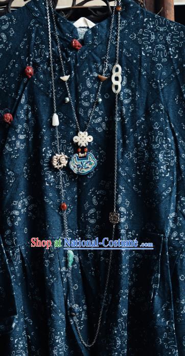 Chinese National Blueing Orchid Necklace Handmade Ethnic Silver Necklet Accessories Classical Jade Jewelry