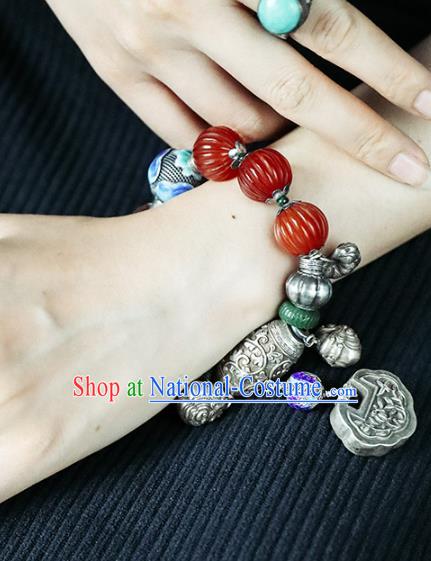 China Traditional Silver Bracelet Accessories Agate Beads Wristlet Classical Bangle Jewelry