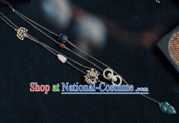 Chinese National Jade Leaf Tassel Necklace Classical Jewelry Handmade Ethnic Silver Necklet Accessories