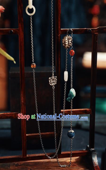 Chinese National Jade Necklace Classical Cheongsam Jewelry Handmade Ethnic Silver Tassel Necklet Accessories