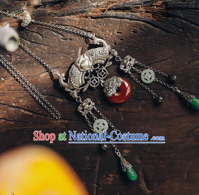 Chinese National Jade Tassel Necklace Classical Cheongsam Jewelry Longevity Lock Accessories Handmade Ethnic Silver Bat Necklet