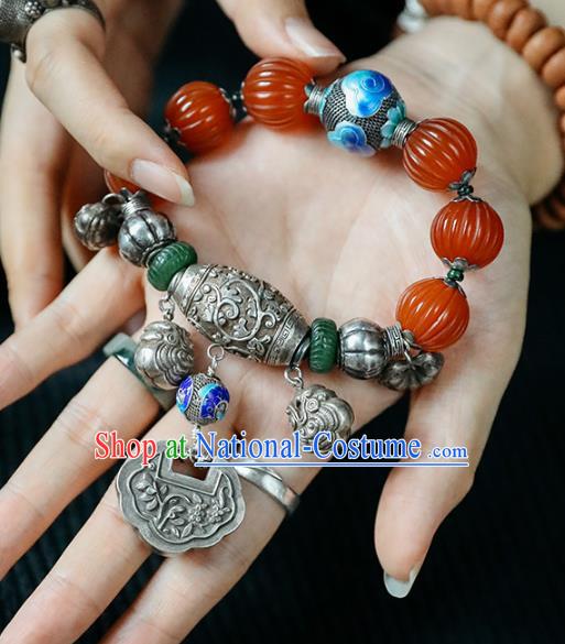 China Traditional Silver Bracelet Accessories Agate Beads Wristlet Classical Bangle Jewelry