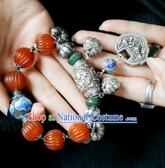 China Traditional Silver Bracelet Accessories Agate Beads Wristlet Classical Bangle Jewelry