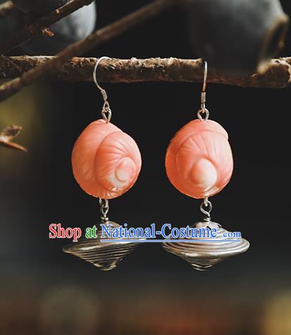 Handmade Chinese Traditional Pink Conch Ear Jewelry Classical Cheongsam Earrings Silver Eardrop Accessories