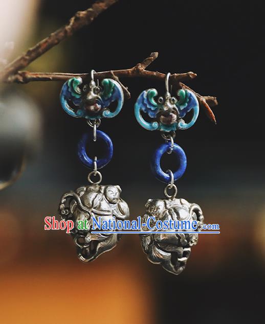 Handmade Chinese Traditional Silver Boys Ear Jewelry Classical Cheongsam Lapis Earrings Accessories Blueing Bat Eardrop