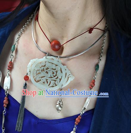 Chinese Classical Jewelry National Silver Necklace Handmade Ethnic Jade Carving Teapot Necklet Accessories