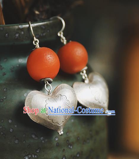 Handmade Chinese Traditional Silver Heart Ear Jewelry Classical Cheongsam Earrings Accessories Beeswax Eardrop