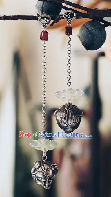 Handmade Chinese Traditional Jade Tassel Ear Jewelry Classical Cheongsam Earrings Accessories Silver Boys Eardrop