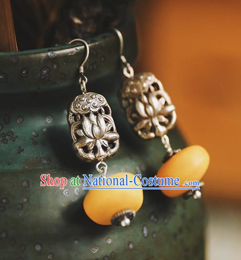 Handmade Chinese Traditional Silver Carving Lotus Ear Jewelry Beeswax Eardrop Classical Cheongsam Earrings Accessories