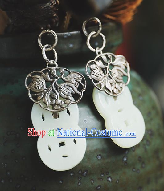 Handmade Chinese Traditional White Jade Ear Jewelry Eardrop Classical Cheongsam Silver Carving Earrings Accessories