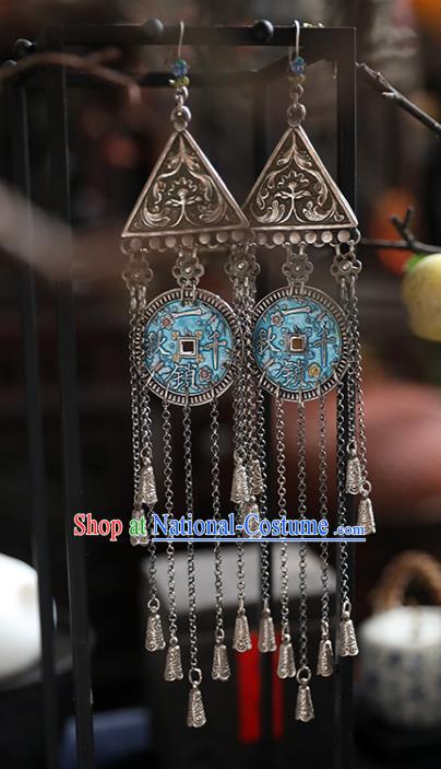 Handmade Chinese Classical Cheongsam Silver Earrings Accessories Traditional Long Tassel Ear Jewelry Wedding Blueing Copper Eardrop