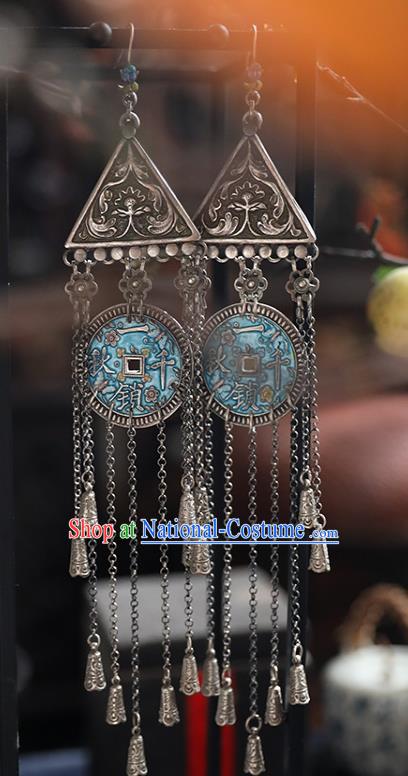 Handmade Chinese Classical Cheongsam Silver Earrings Accessories Traditional Long Tassel Ear Jewelry Wedding Blueing Copper Eardrop