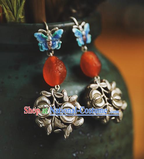 Handmade Chinese Red Quartz Eardrop Classical Cheongsam Earrings Accessories Traditional Blueing Butterfly Ear Jewelry