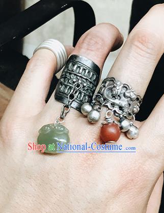 China National Jade Pouch Ring Traditional Handmade Wedding Jewelry Accessories Silver Circlet