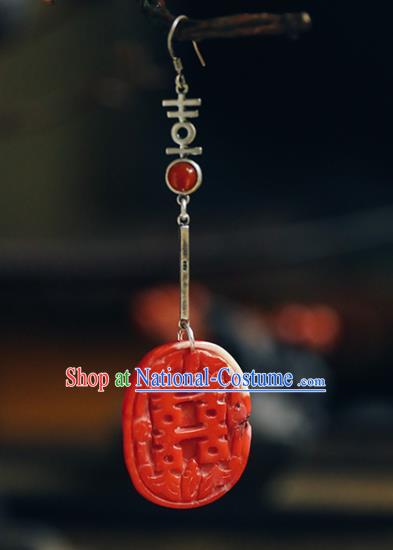 Handmade Chinese Traditional Wedding Red Eardrop Classical Cheongsam Earrings Accessories Silver Ear Jewelry