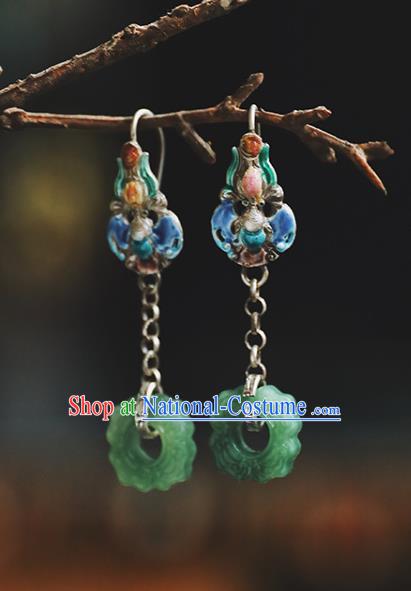 Handmade Chinese Blueing Bat Eardrop Classical Cheongsam Earrings Accessories Traditional Jade Ring Ear Jewelry