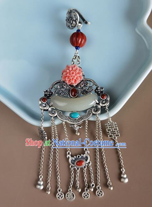 Chinese Handmade National Silver Tassel Breastpin Pendant Cheongsam Jewelry Accessories Classical Jade Brooch