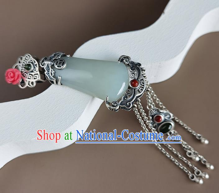 Chinese Classical Jade Brooch Handmade National Silver Tassel Breastpin Pendant Cheongsam Jewelry Accessories