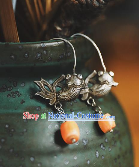 Handmade Chinese Topaz Eardrop Classical Cheongsam Earrings Accessories Traditional Silver Fish Ear Jewelry