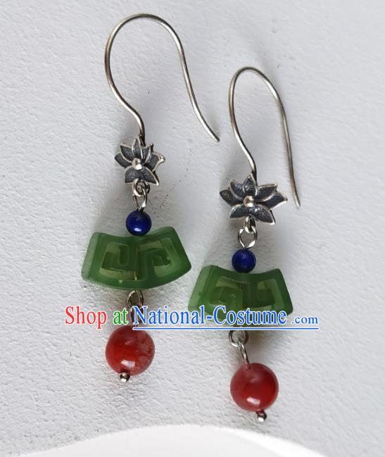 Handmade Chinese Traditional Jade Eardrop Classical Earrings Accessories Cheongsam Silver Lotus Ear Jewelry