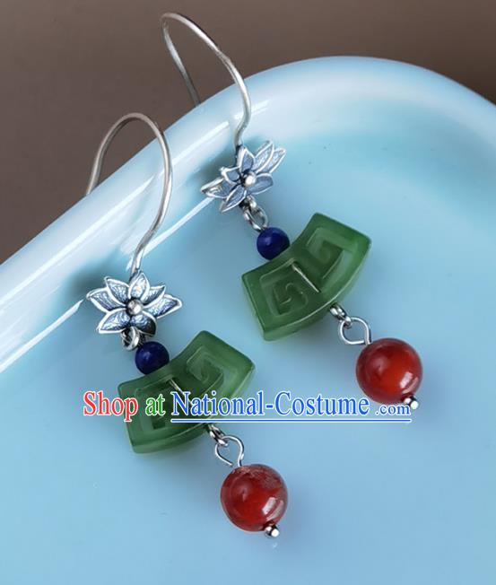 Handmade Chinese Traditional Jade Eardrop Classical Earrings Accessories Cheongsam Silver Lotus Ear Jewelry