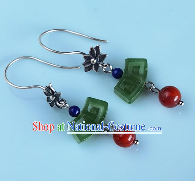 Handmade Chinese Traditional Jade Eardrop Classical Earrings Accessories Cheongsam Silver Lotus Ear Jewelry