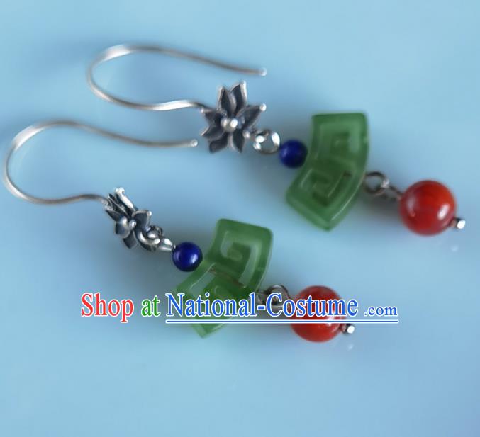 Handmade Chinese Traditional Jade Eardrop Classical Earrings Accessories Cheongsam Silver Lotus Ear Jewelry