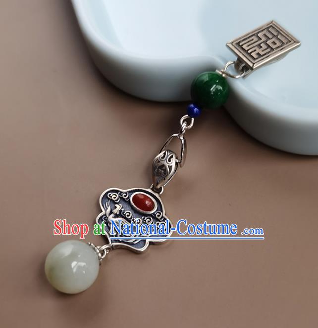 Chinese Cheongsam Jewelry Accessories Handmade National Jade Breastpin Pendant Classical Silver Carving Phoenix Brooch