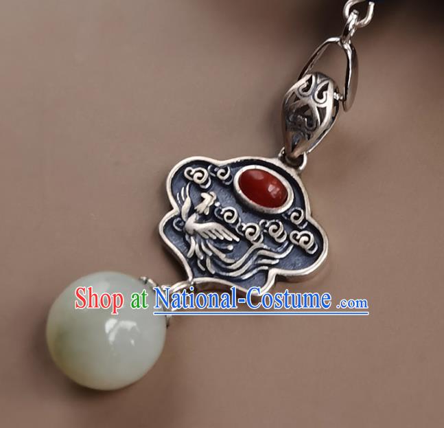 Chinese Cheongsam Jewelry Accessories Handmade National Jade Breastpin Pendant Classical Silver Carving Phoenix Brooch