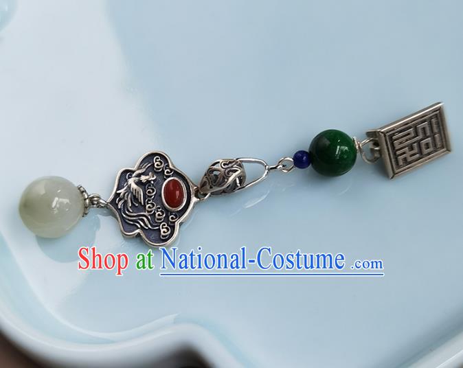 Chinese Cheongsam Jewelry Accessories Handmade National Jade Breastpin Pendant Classical Silver Carving Phoenix Brooch