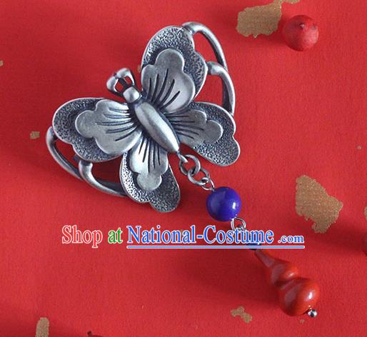 Chinese Handmade National Silver Butterfly Breastpin Pendant Cheongsam Jewelry Accessories Classical Red Gourd Brooch