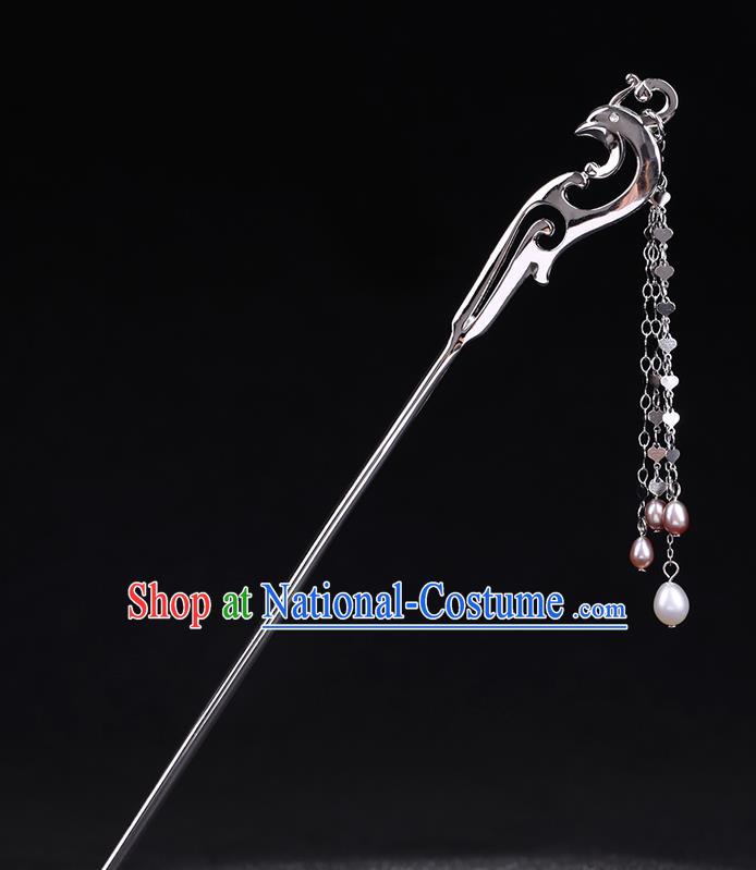 China National Silver Peacock Hairpin Handmade Hair Jewelry Accessories Traditional Cheongsam Pearls Tassel Hair Stick